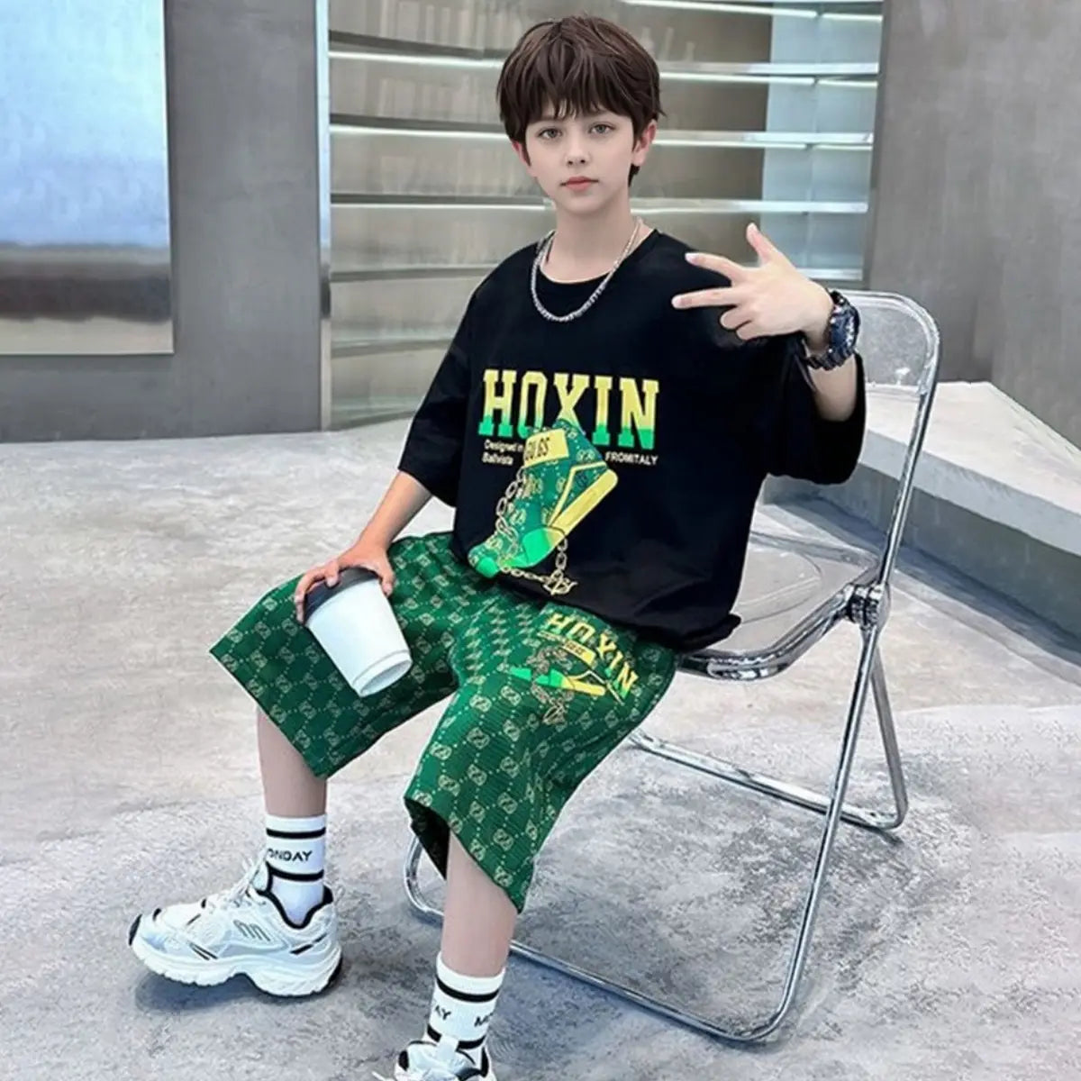 Boys Black Graphics Oversized T-Shirt With Shorts Set