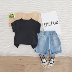 Boys Black Frog Graphic Short Sleeves T-Shirt With Denim Shorts Set