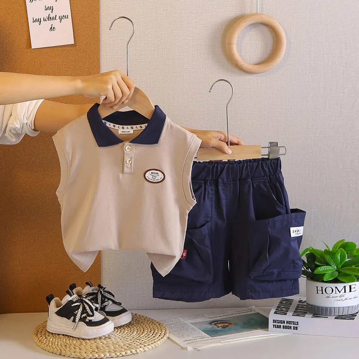 Boys Beige Sleeveless Polo-T-Shirt With Cargo Shorts Sets