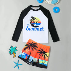 Boys Black Tropical Printed Long Sleeves T-Shirt & Shorts Swimsuit Sets
