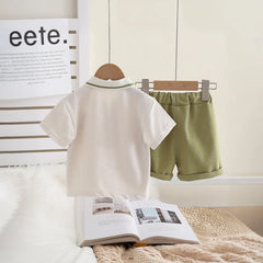 Boys Bear Patch Embroidered Polo T-Shirt With Necktie & Green Shorts Set
