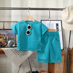Boys Blue Embossed Print Short Sleeve T-Shirt With Shorts Sets