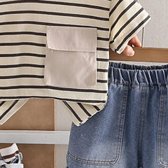 Boys Beige Striped T-Shirt With Pocket & Denim Shorts Sets