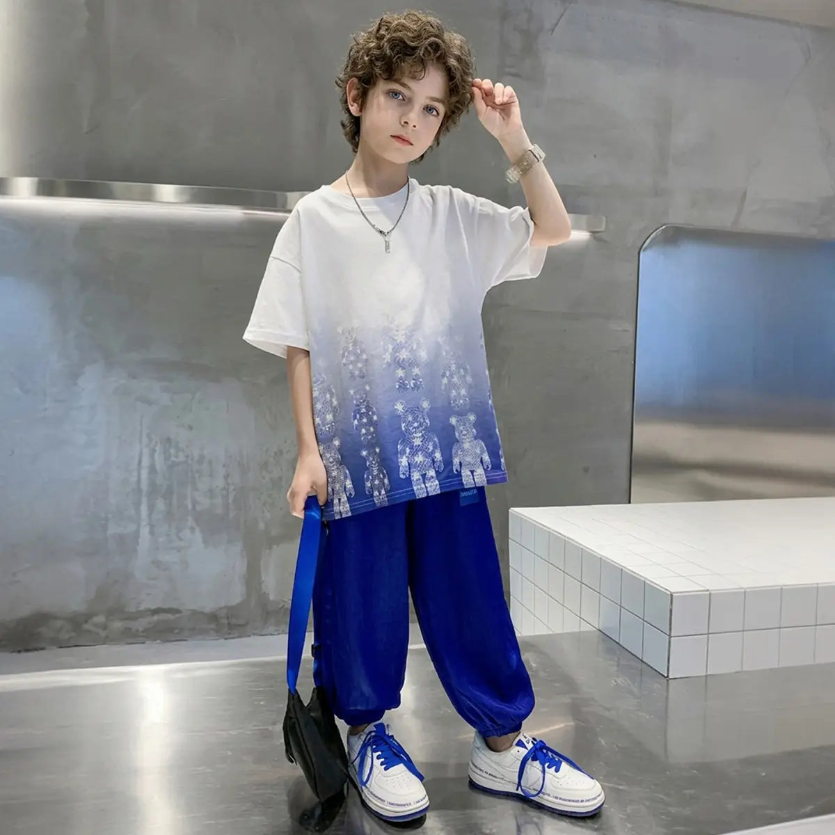 Boys Blue Bear Print Drop Shoulder T-Shirt With Jogger Sets