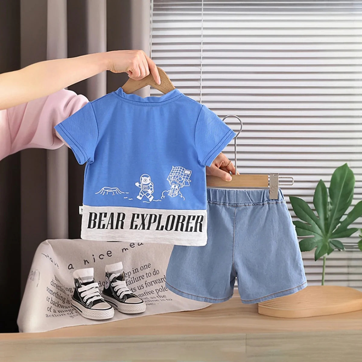 Boys Blue Graphics T-Shirt With Denim Shorts Set