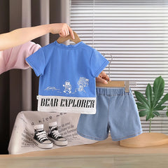 Boys Blue Graphics T-Shirt With Denim Shorts Set