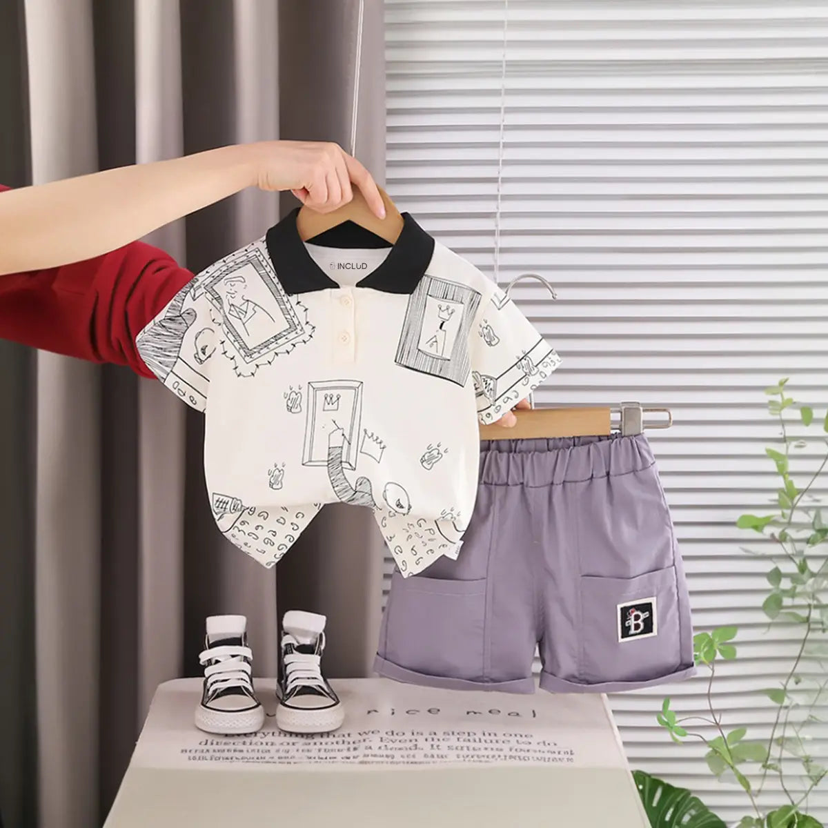 Boys Beige Printed Short Sleeve Polo T-Shirt With Elasticated Shorts Sets
