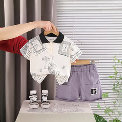 Boys Beige Printed Short Sleeve Polo T-Shirt With Elasticated Shorts Sets