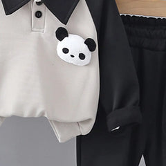 Boys Black 3D Panda Face Applique Polo Sweatshirt With Jogger Sets