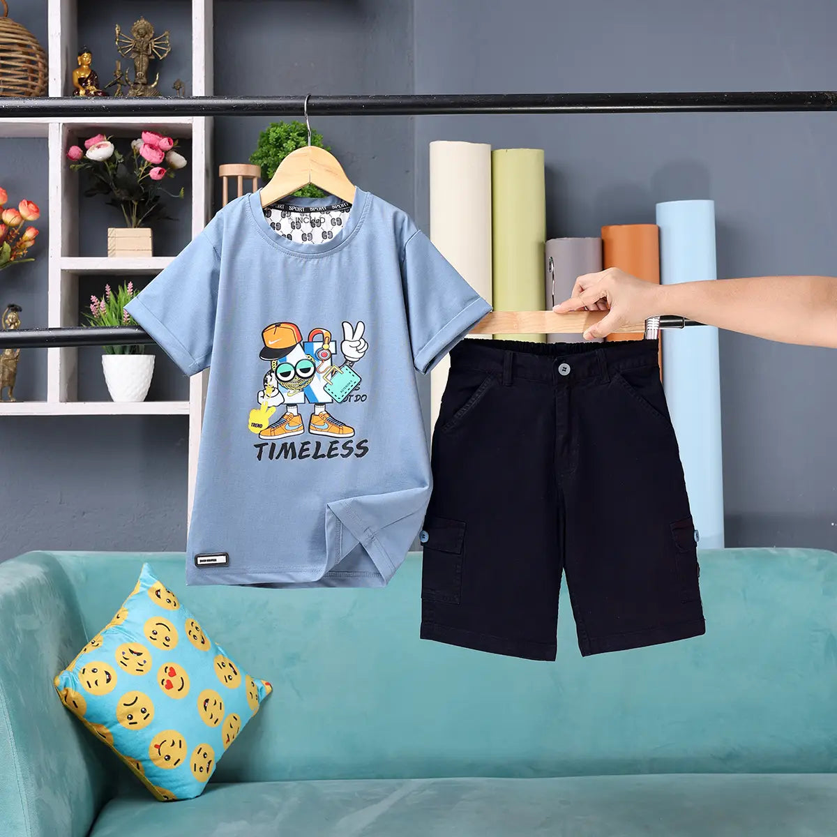 Boys Blue Graphic Short Sleeve T-Shirt With Elasticated Cargo Shorts Sets
