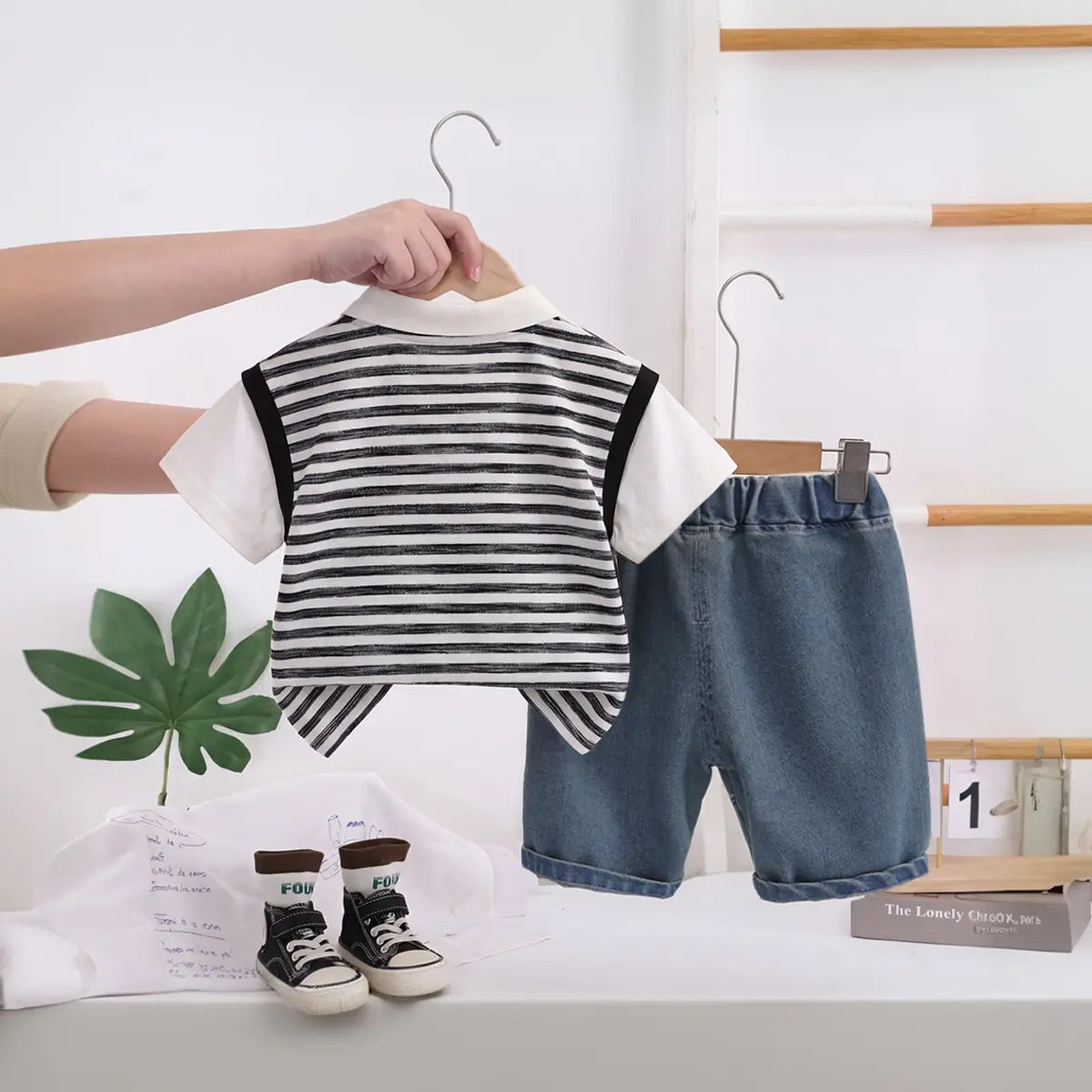 Boys Black Striped Short Sleeve Polo T-Shirt With Elasticated Denim Shorts