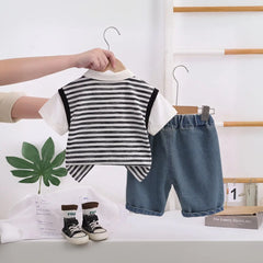 Boys Black Striped Short Sleeve Polo T-Shirt With Elasticated Denim Shorts