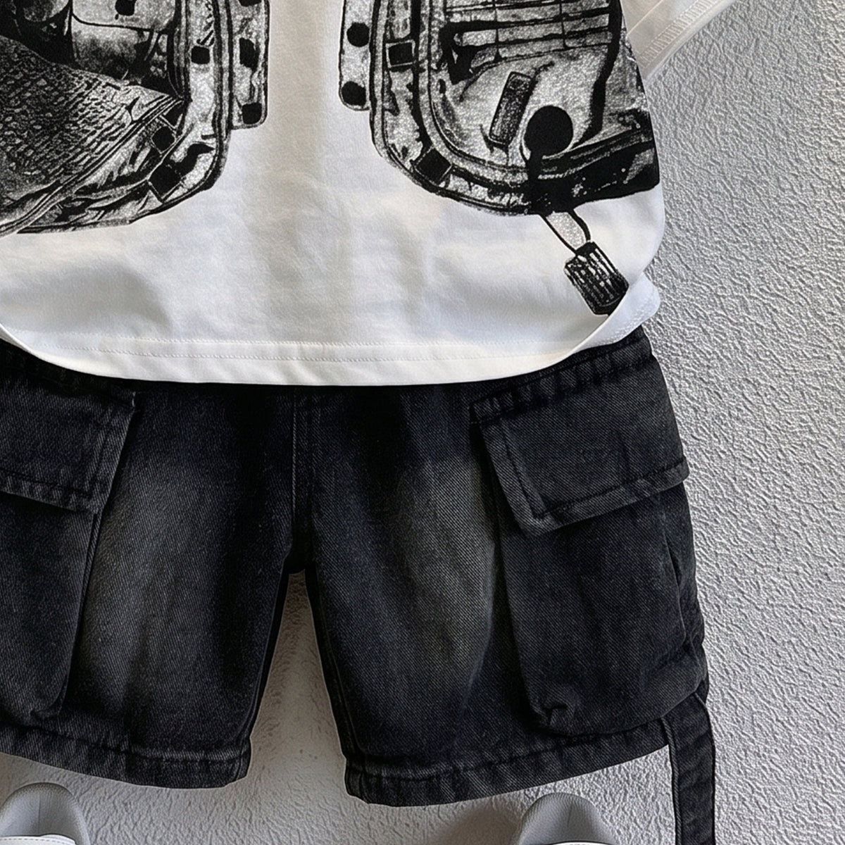 Boys Black Short Sleeve Graphic Print T-Shirt With Denim Shorts Sets