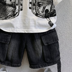 Boys Black Short Sleeve Graphic Print T-Shirt With Denim Shorts Sets
