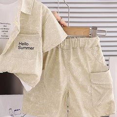 Boys Beige Typographic Printed Shirt With Printed T-shirt And Shorts Sets