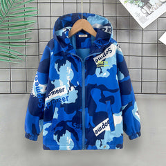 Boys Blue Abstract Printed Hooded Zipper Jacket
