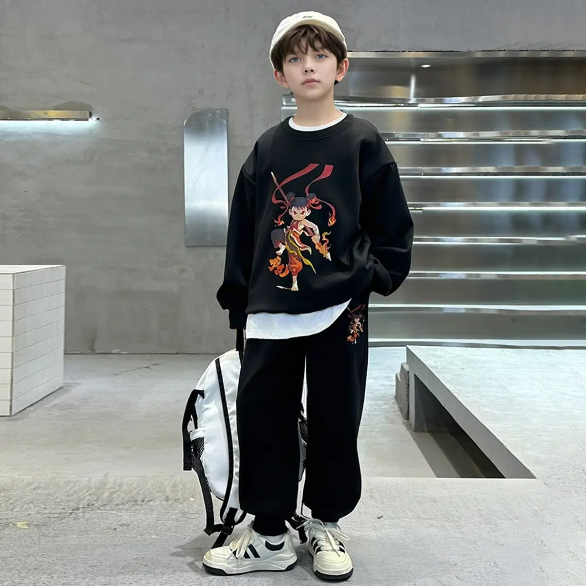 Boys Black Graphics Printed Oversized Sweatshirt With Jogger Co-ord Sets