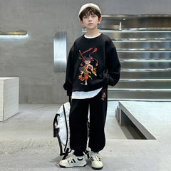Boys Black Graphics Printed Oversized Sweatshirt With Jogger Co-ord Sets