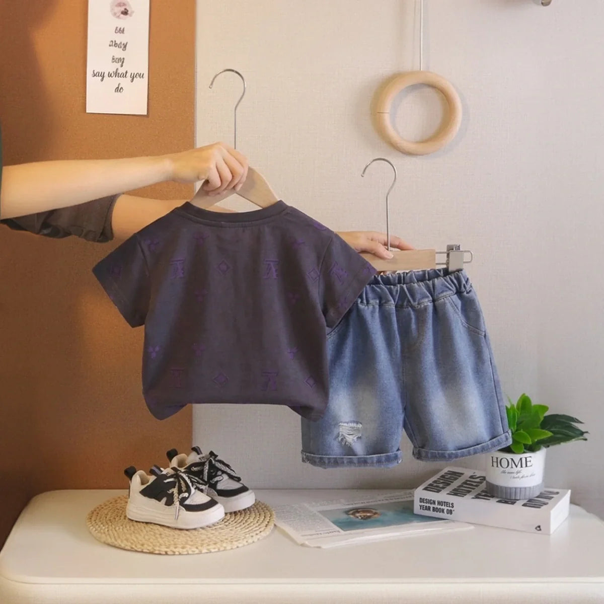 Boys Black Short Sleeve Graphic T-Shirt With Denim Shorts Sets