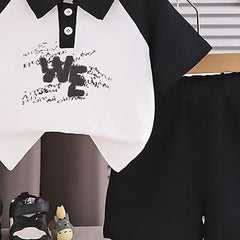 Boys Black Typographic Printed Raglan Sleeve Polo T-Shirt With Shorts Sets