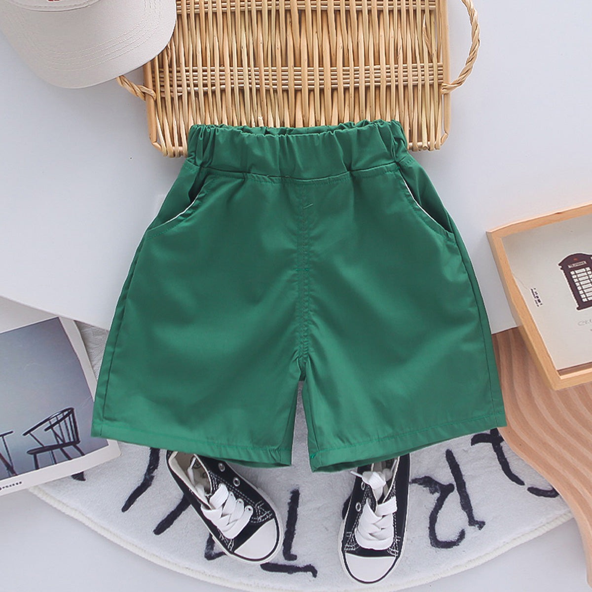 Boys Bag-pack Appliqued T-Shirt With Green Shorts Set