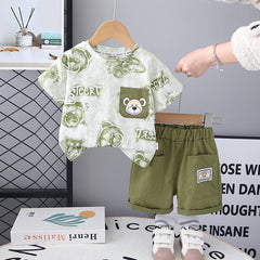Boys Bear Printed Short Sleeves T-Shirt With Green Shorts Set