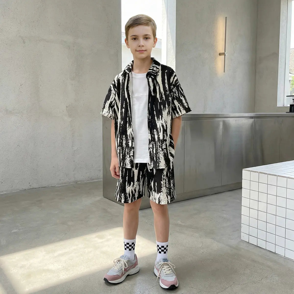 Boys Black Abstract Print Short Sleeves Shirt With Shorts Co-ord Sets