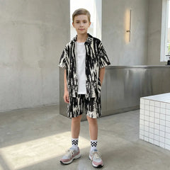 Boys Black Abstract Print Short Sleeves Shirt With Shorts Co-ord Sets