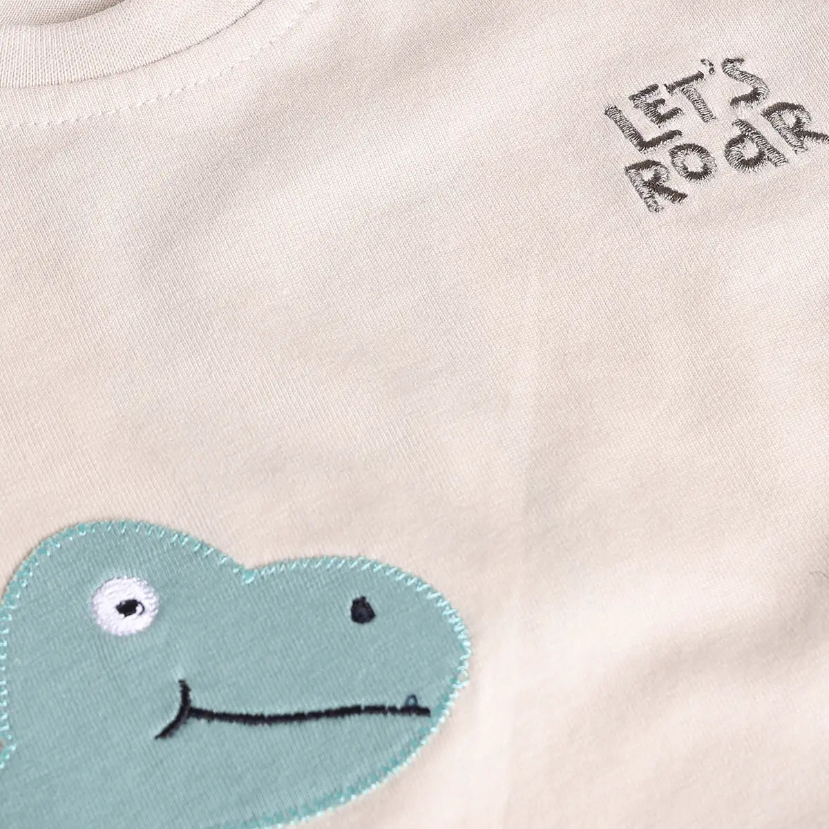Boys Beige Dinosaur Applique Short Sleeve T-Shirt With Elasticated Shorts Sets