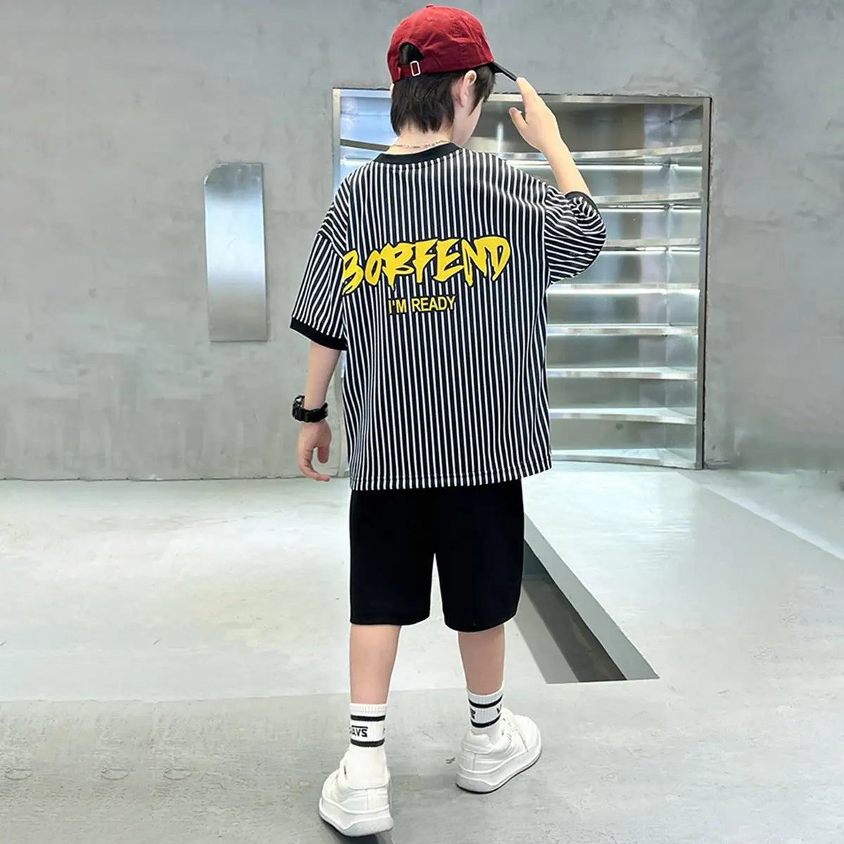 Boys Black Stripes Short Sleeves Oversized T-Shirt With Shorts Set