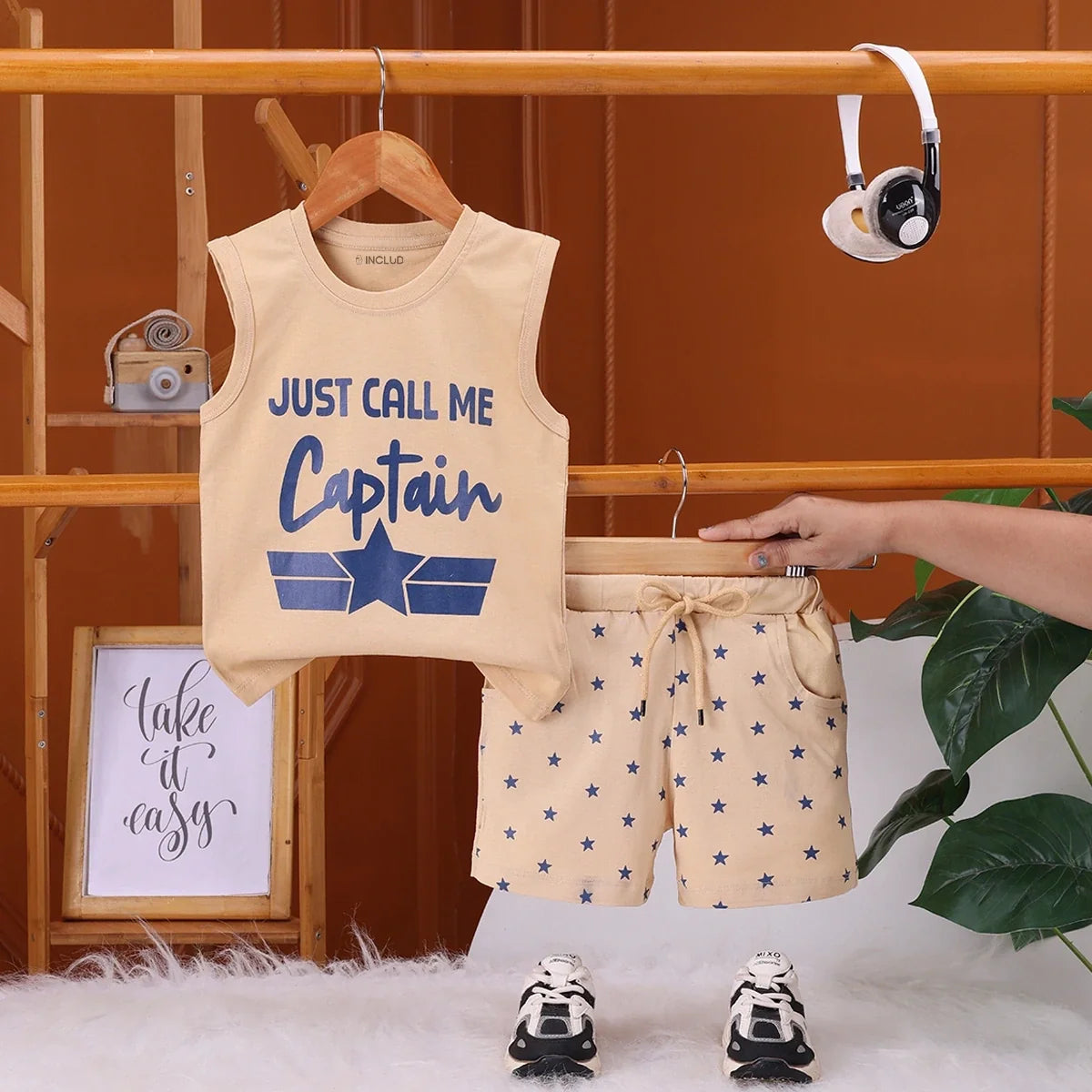 Boys Apricot Captain Typography Vest With Drawstring Shorts Sets
