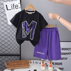 Boys Black Typographic Printed Short Sleeves T-Shirt With Purple Shorts Set