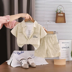 Boys Beige Typographic Printed Shirt With Printed T-shirt And Shorts Sets