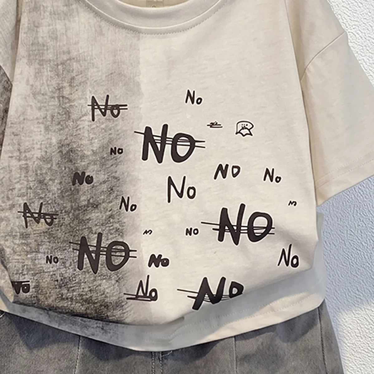 Boys Beige Short Sleeve Typography Print T-Shirt With Denim Shorts Sets