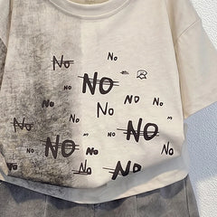 Boys Beige Short Sleeve Typography Print T-Shirt With Denim Shorts Sets