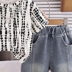 Boys Beige Abstract Printed Short Sleeve T-Shirt With Denim Shorts Sets