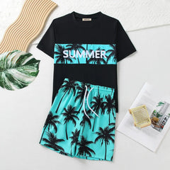 Boys Black Tropical Printed Short Sleeves T-Shirt & Shorts Swimsuit Sets