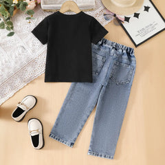 Boys Black Graphics Short Sleeves T-Shirt With Denim Pants Set