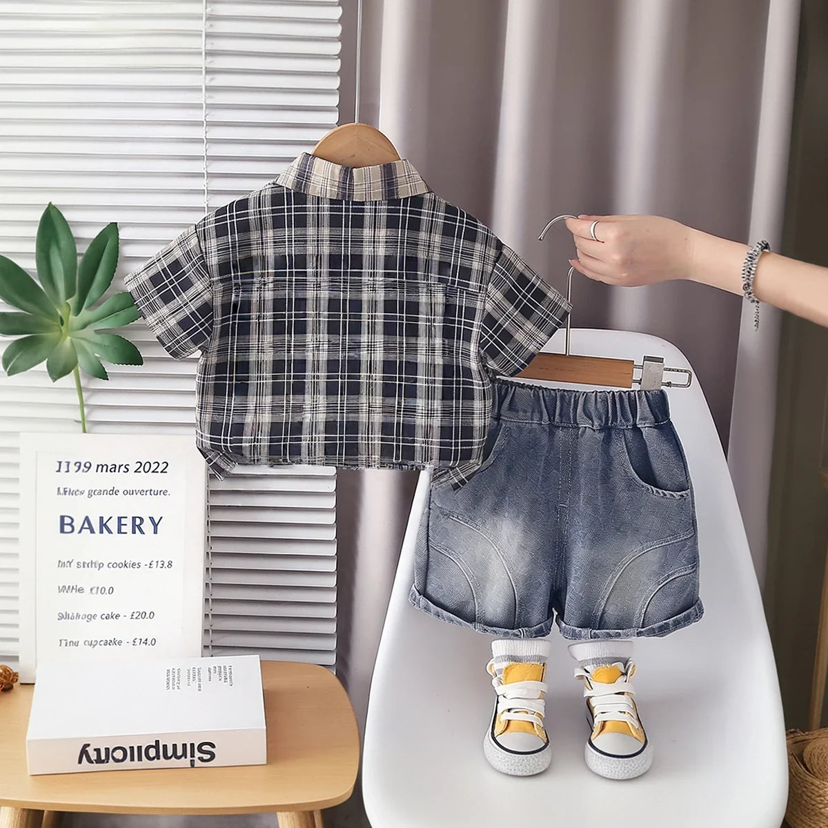 Boys Black Checked Shirt With Graphic T-Shirt & Denim Shorts Set