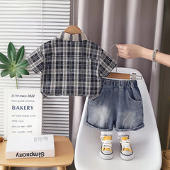 Boys Black Checked Shirt With Graphic T-Shirt & Denim Shorts Set