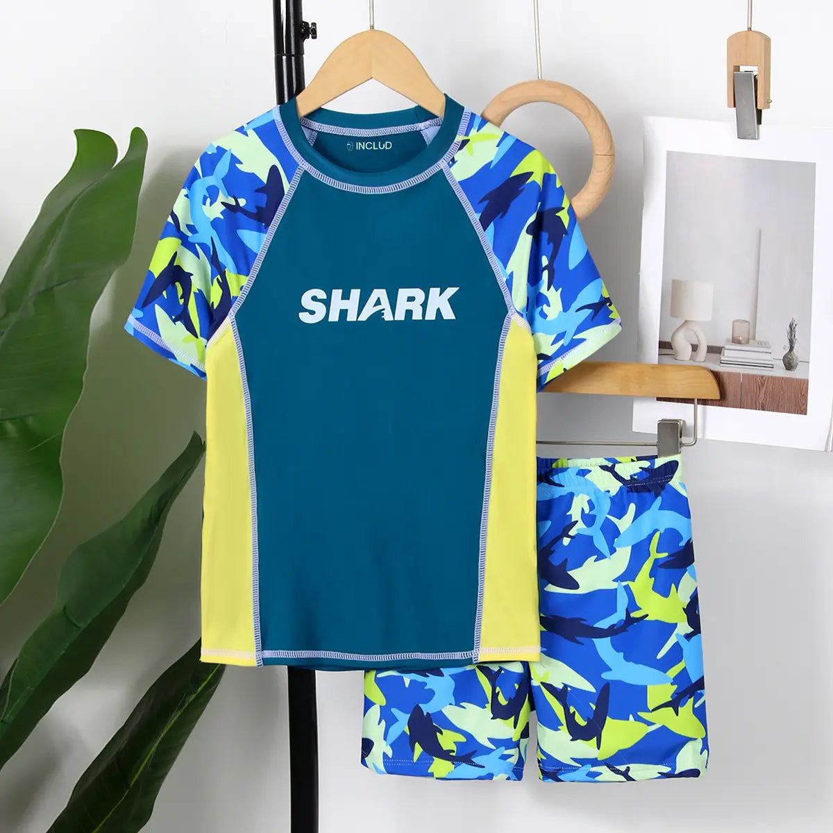 Boys Blue Fish Printed T-Shirt With Shorts Swimwear Sets