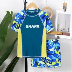 Boys Blue Fish Printed T-Shirt With Shorts Swimwear Sets