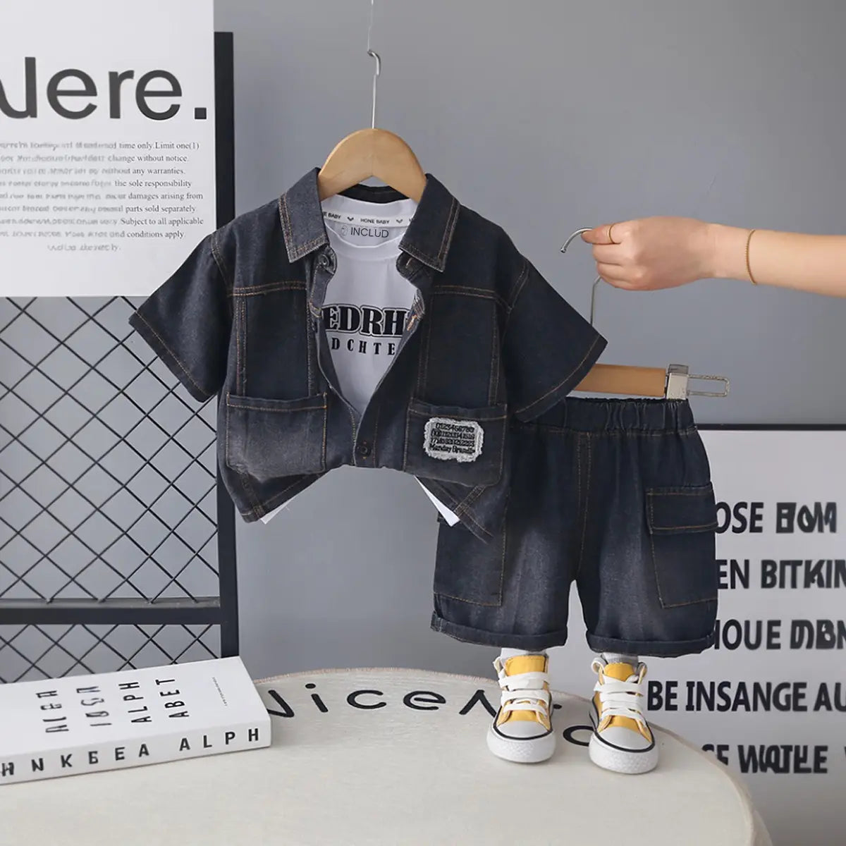 Boys Black Denim Shirt & Shorts With Printed T-Shirt Sets
