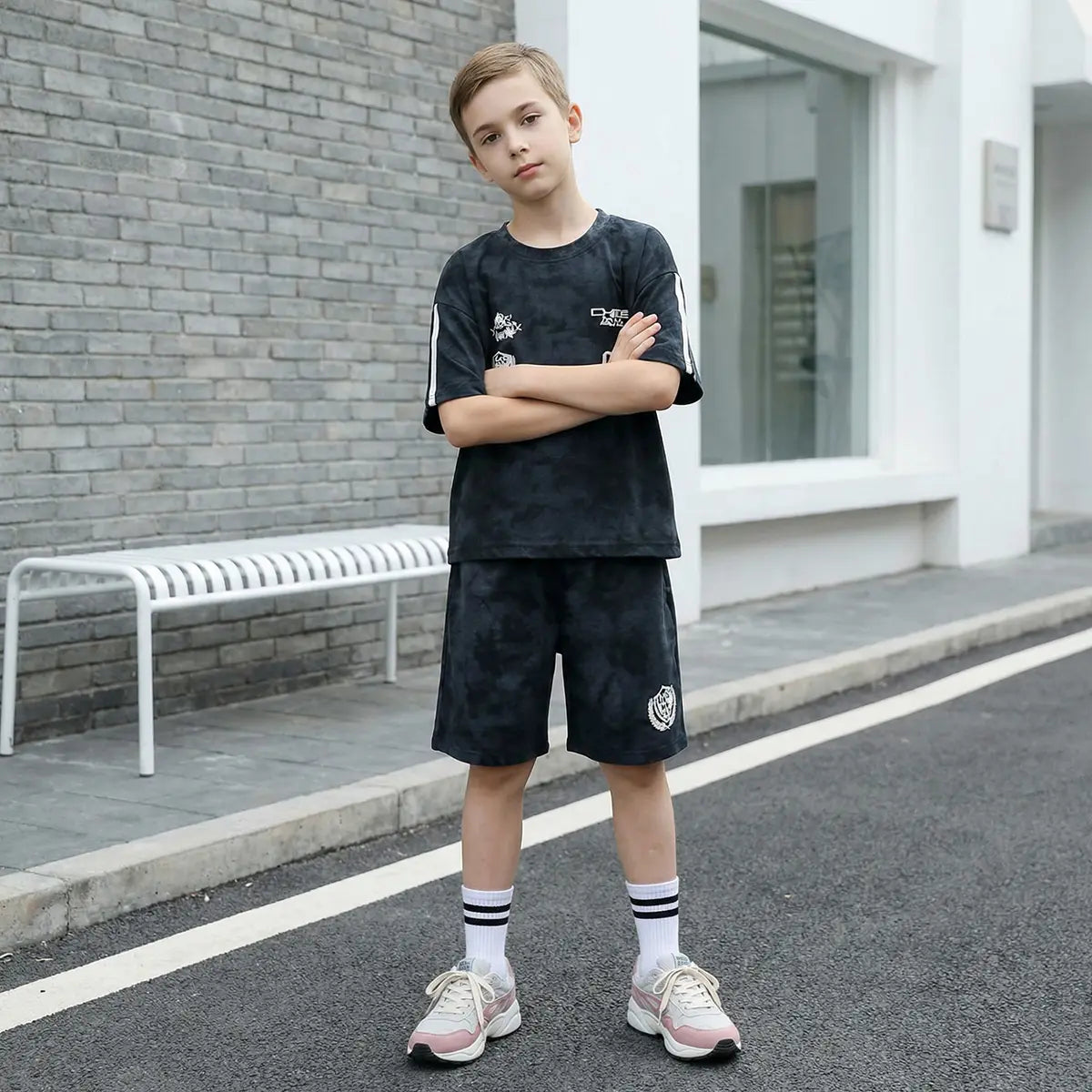 Boys Black Abstract Print T-Shirt With Shorts Co-ord Sets