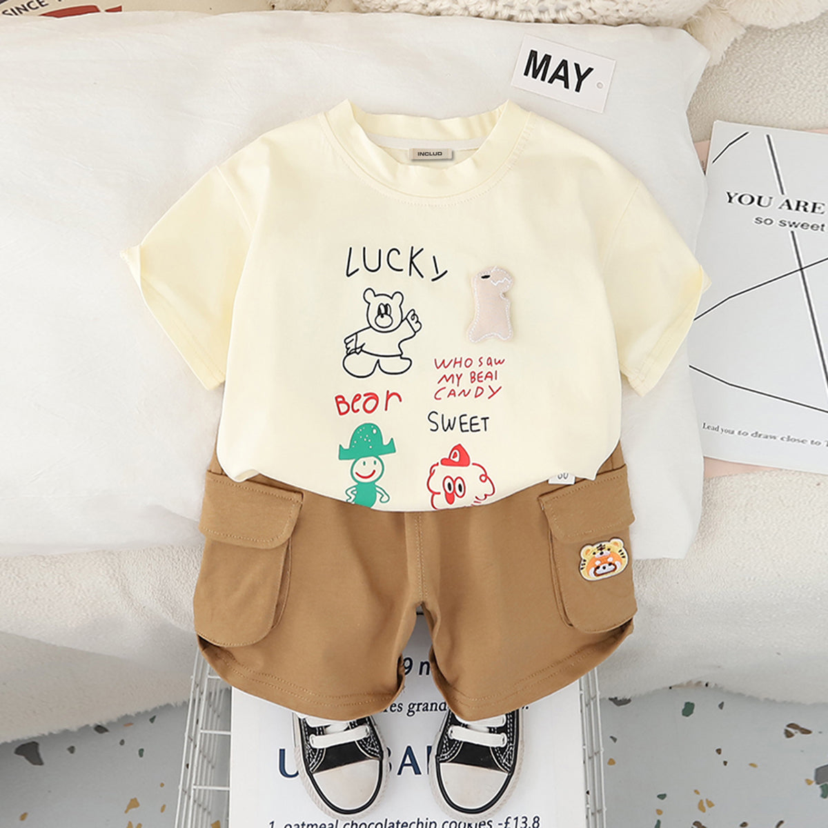 Boys Apricot Graphic Bear Printed T-Shirt With Cargo Shorts Set