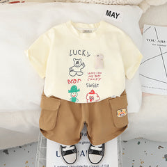 Boys Apricot Graphic Bear Printed T-Shirt With Cargo Shorts Set