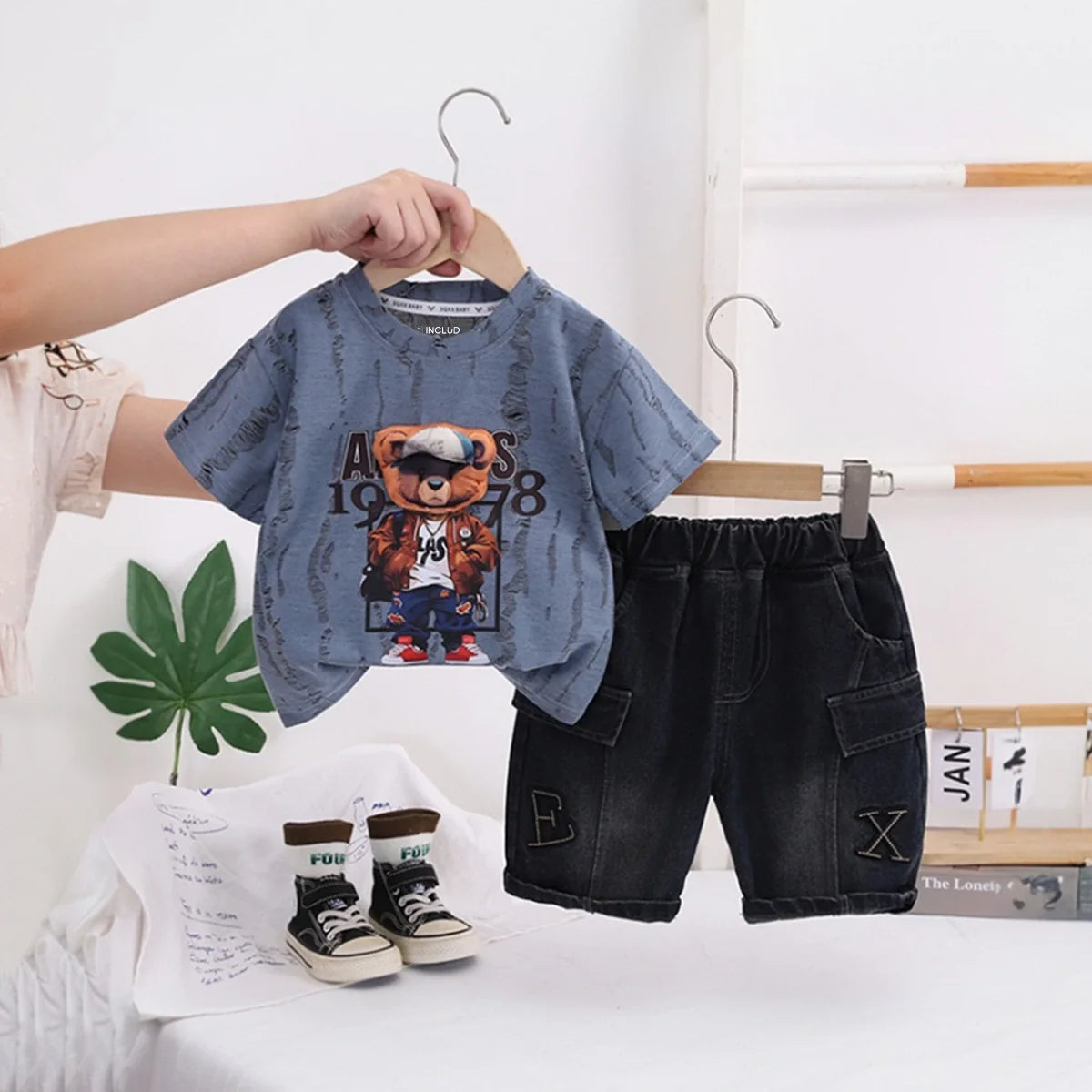 Boys Blue Bear Graphic Short Sleeve T-Shirt With Denim Shorts Sets