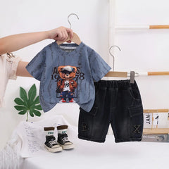 Boys Blue Bear Graphic Short Sleeve T-Shirt With Denim Shorts Sets