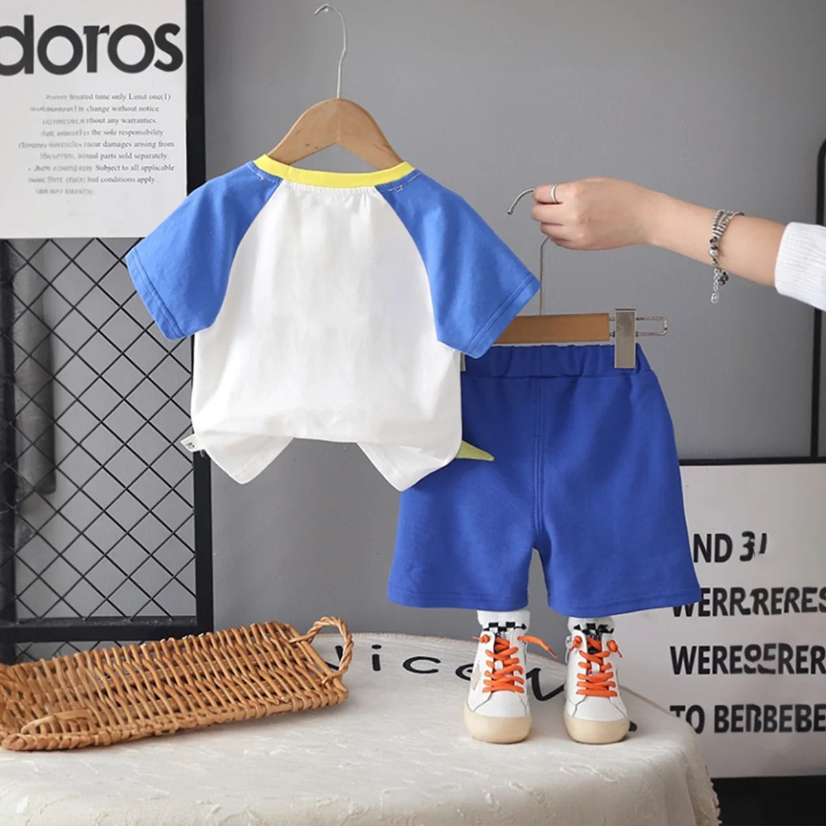 Boys Blue Dinosaur Cartoon Print T-Shirt With Shorts Set
