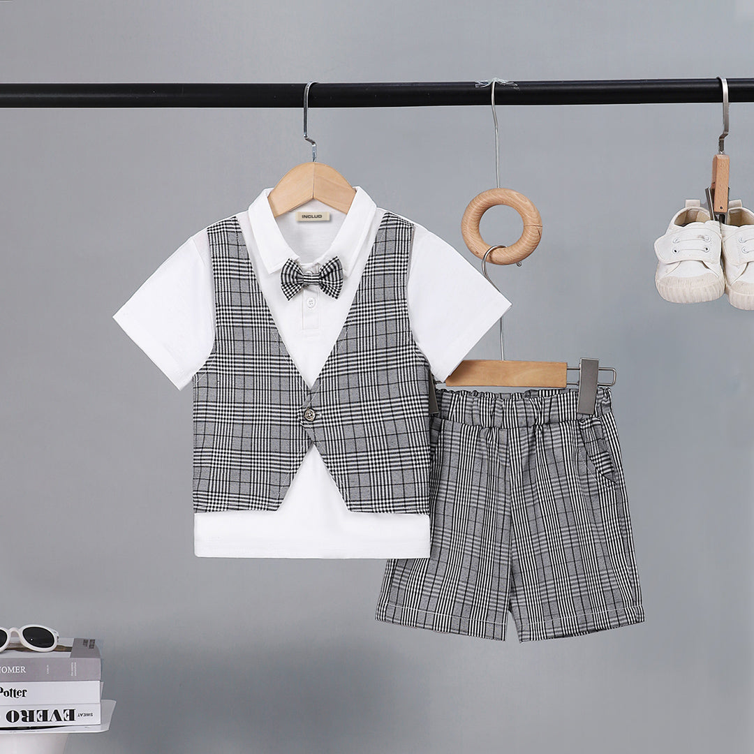 Boys Black Check Waist Coat With Polo T-Shirt And Shorts Set